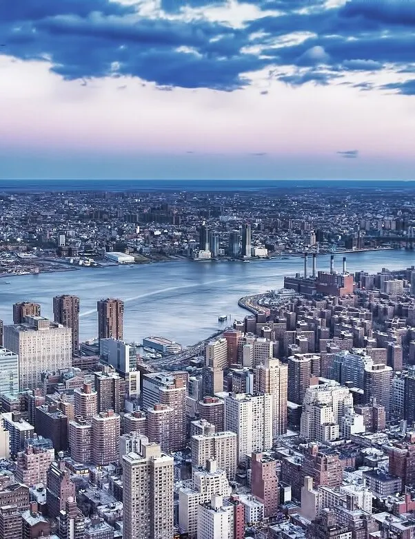 Aerial view of Manhattan looking east across the East River toward Queens