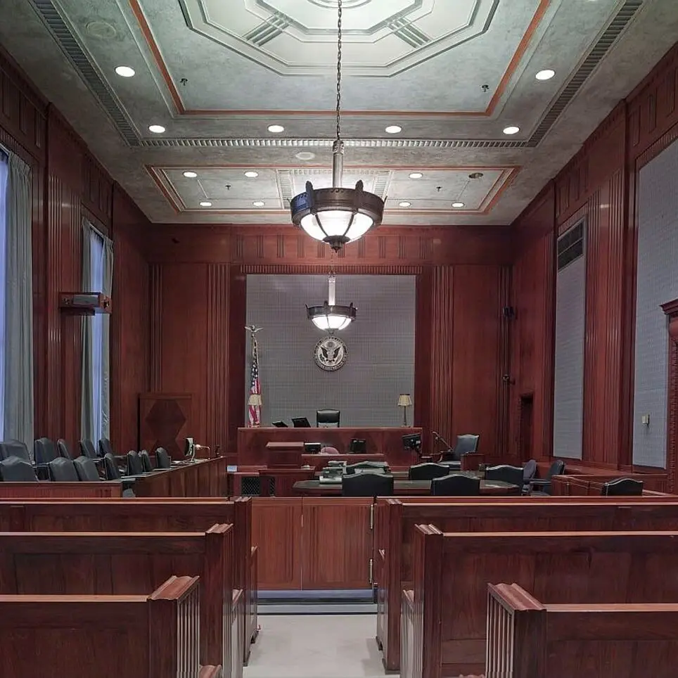 Interior of a federal courtroom, looking toward the bench
